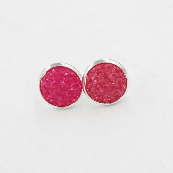 Lakeview Apparel Jewelry - Circle Druzy Crystal Silver Fuchsia Stud Earrings